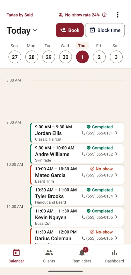 On The Books calendar with today's visits and the no-show rate