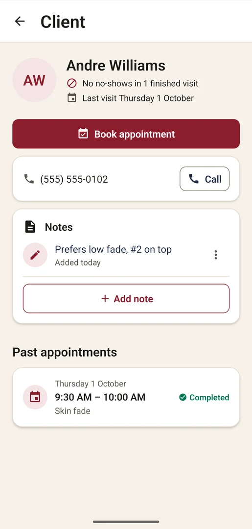 Client detail with visit history and a private note
