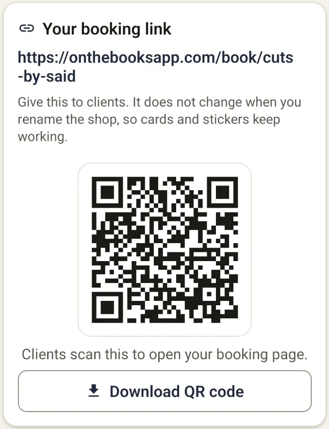 Booking link and QR code card