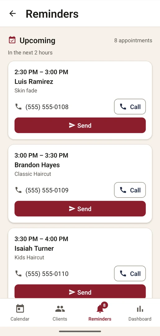 Reminders tab with reminders due and Send buttons