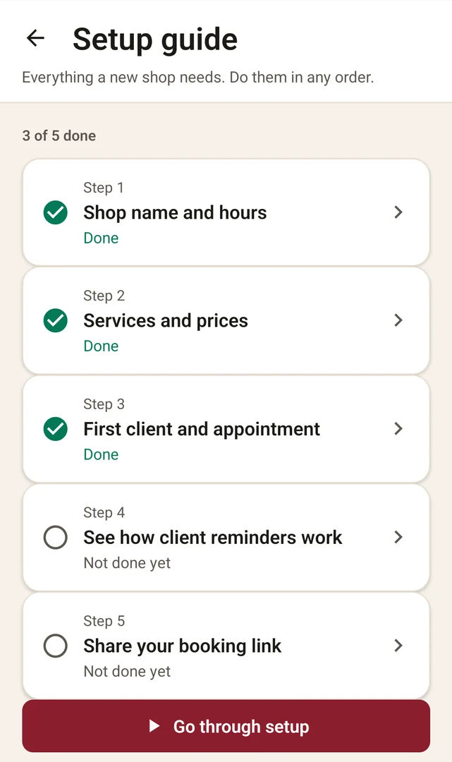 Setup guide with 3 of 5 steps done