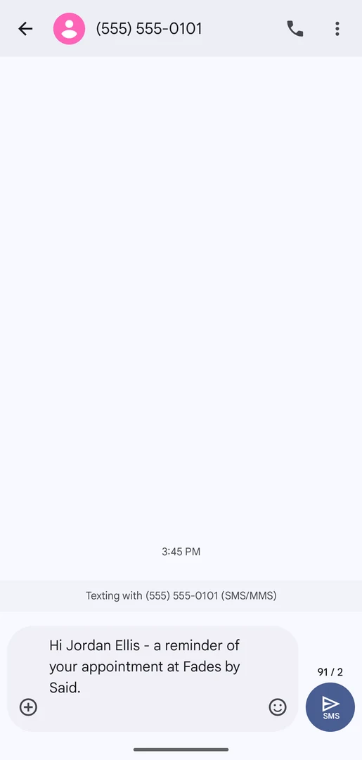 Texting app opened with the reminder ready: Hi Jordan Ellis - a reminder of your appointment at Fades by Said.